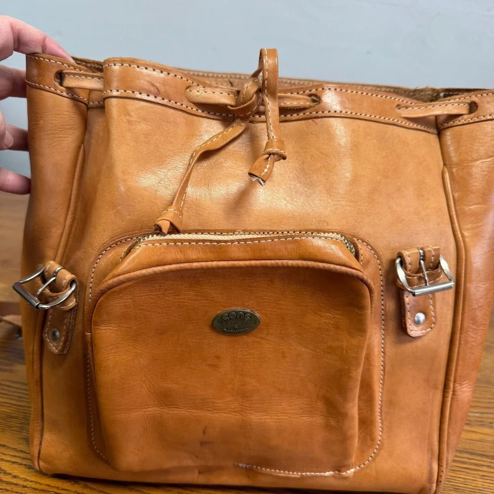 Conc Vintage Tan Brown Leather Backpack Rucksack Daypack 916513A‎ Buckle Detail